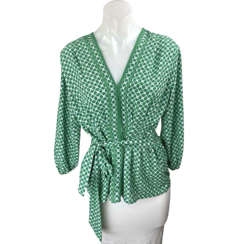 Max Studio Green Geometric Print Long Sleeve Belted Peplum Blouse Shirt Top XS